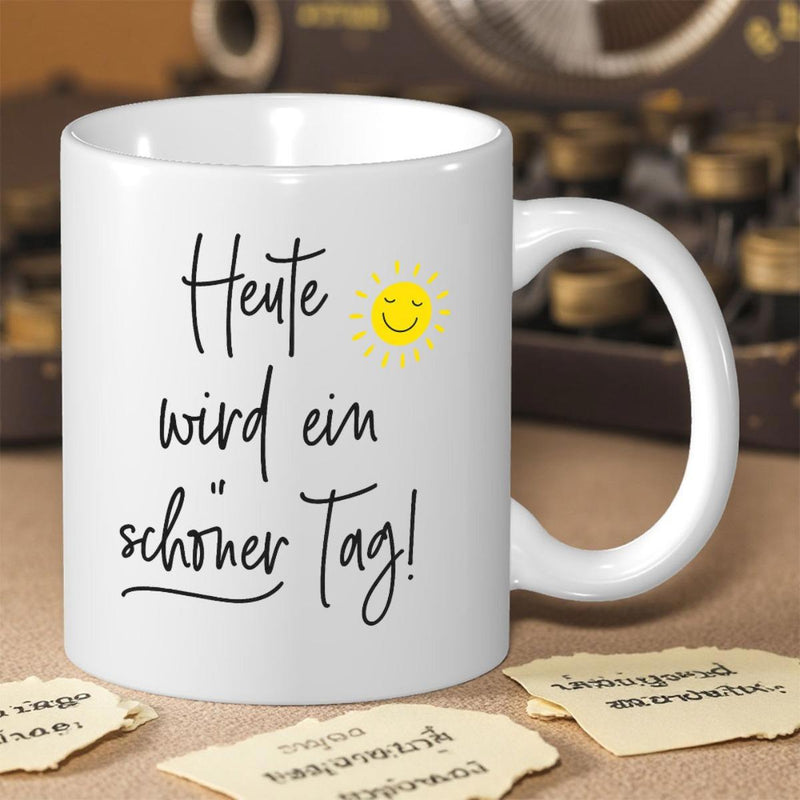 Tailorly White Ceramic 11 oz Mug - Simple Yellow Smiling Face Shining Brightly Over Minimalist Handwritten Script Sun
