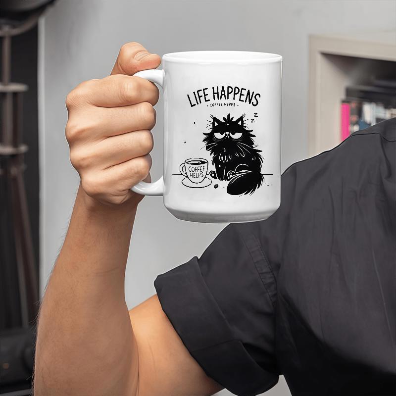 Tailorly White Ceramic 11 oz Mug - Life Happens Coffee Helps Grumpy Fluffy Black Cat Sitting Beside Steaming Hot Cup Cat