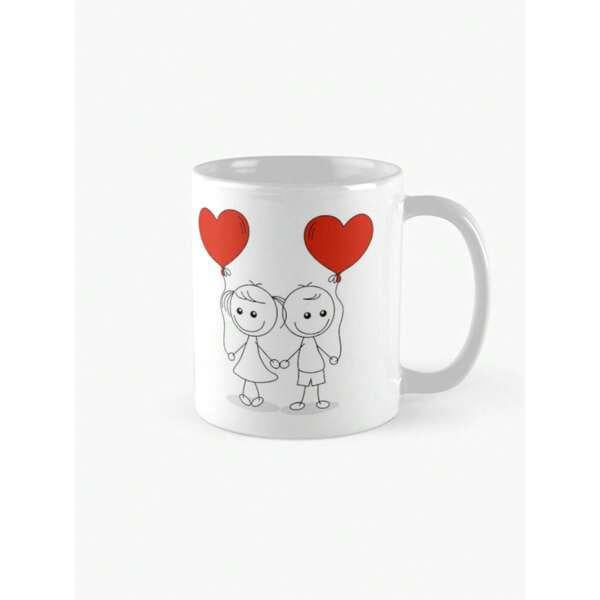 Tailorly White Ceramic 11 oz Mug - Simple Line Art Illustration Of Young Sweethearts Holding Vibrant Heart Balloons Couple