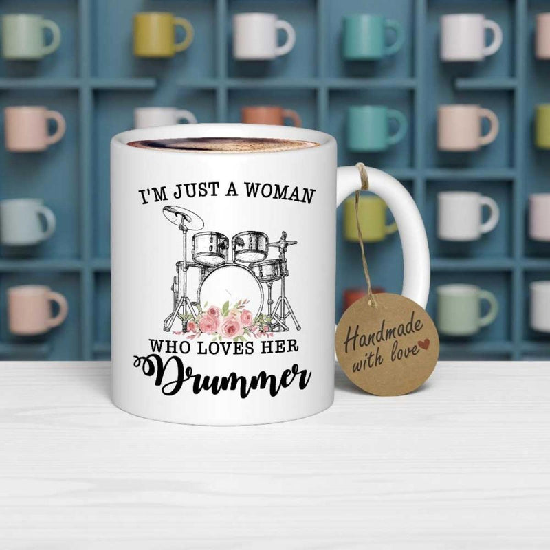 Tailorly White Ceramic 11 oz Mug - Im Just A Woman Who Loves Her Drummer Artistic Black And White Sketch Of Musical Instruments Among Pink Flowers Drum Kit