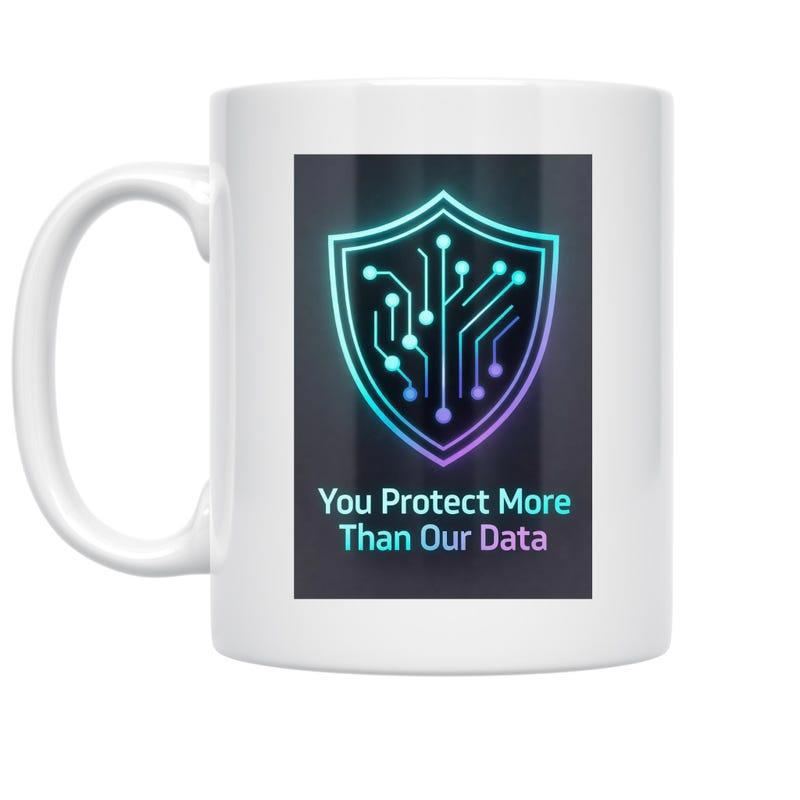 Tailorly White Ceramic 11 oz Mug - You Protect More Than Our Data Glowing Cyber Security Neon Circuit Board Protected Digital Shield