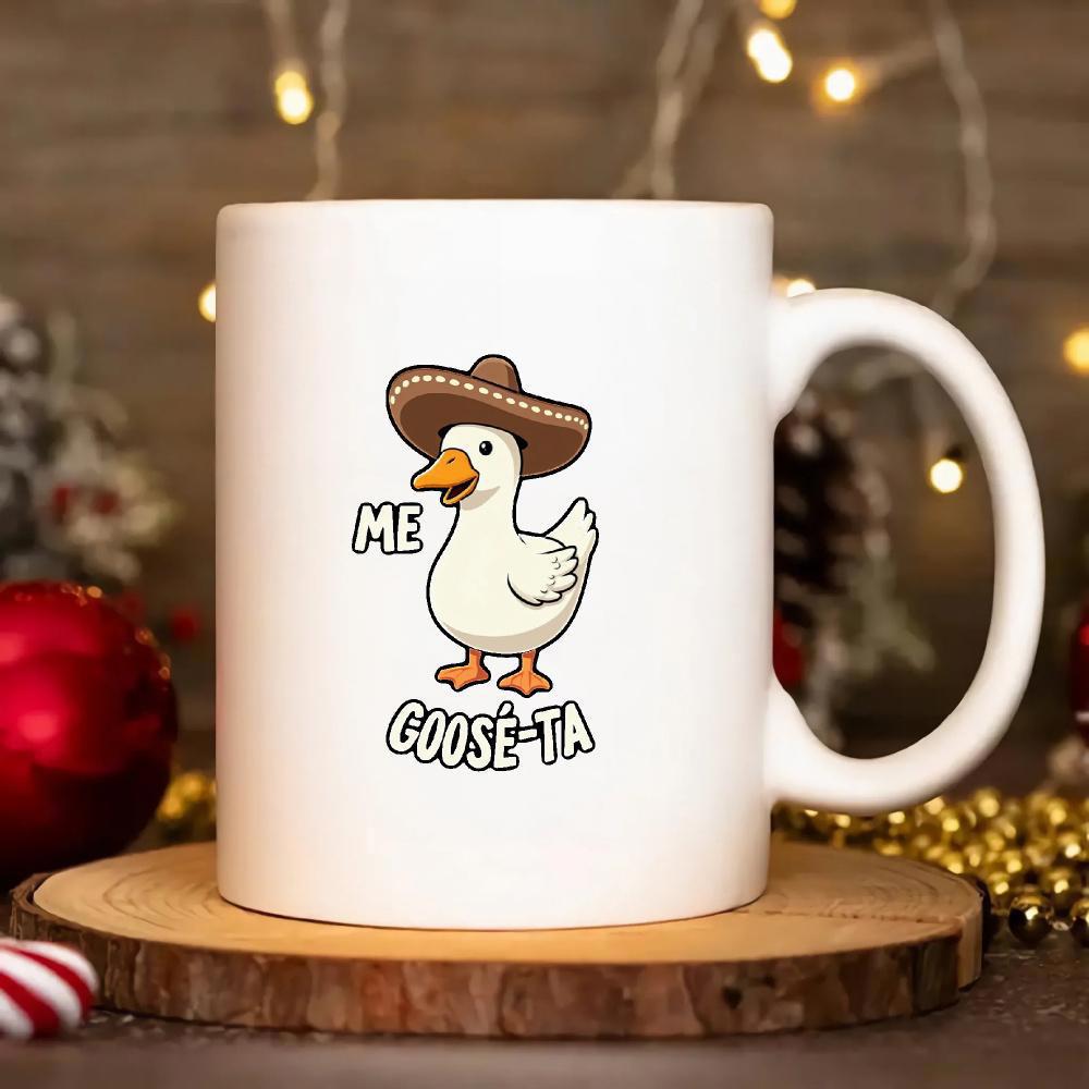 Tailorly White Ceramic 11 oz Mug - Me Goose Ta Charming White Cartoon Bird Wearing Decorative Brown Mexican Sombrero Hat Goose