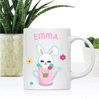 Tailorly White Ceramic 11 oz Mug - Emma Cute White Rabbit Sitting Inside Pink Watering Can Among Flowers Rabbit