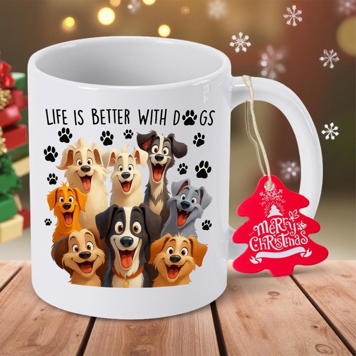 Tailorly White Ceramic 11 oz Mug - Life Is Better With Dogs Merry Christmas Smiling Animated Puppies Gathering Together With Tiny Paw Prints Dogs