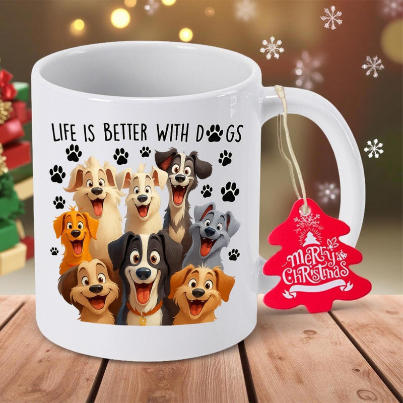 Tailorly White Ceramic 11 oz Mug - Life Is Better With Dogs Merry Christmas Smiling Animated Puppies Gathering Together With Tiny Paw Prints Dogs