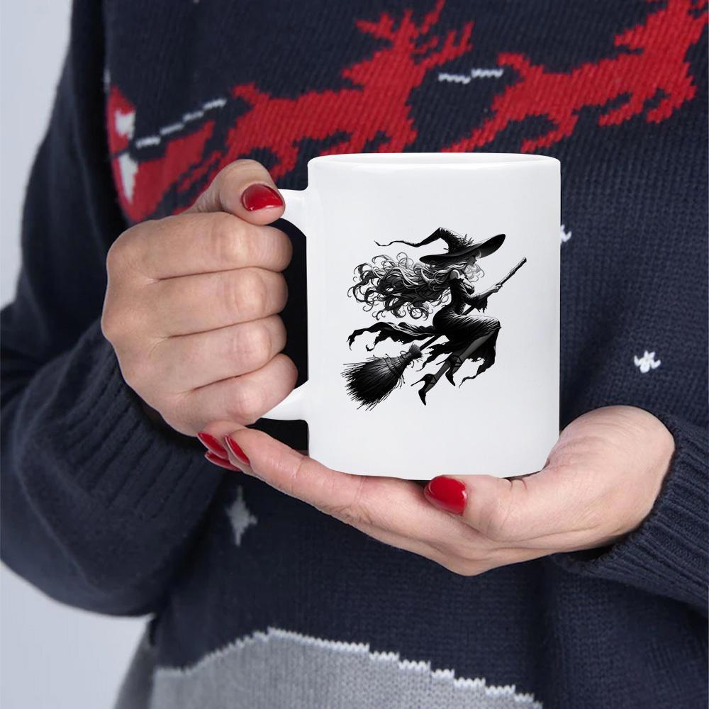 Tailorly White Ceramic 11 oz Mug - Black Silhouette Flying On Broomstick Through Wind With Flowing Hair Witch