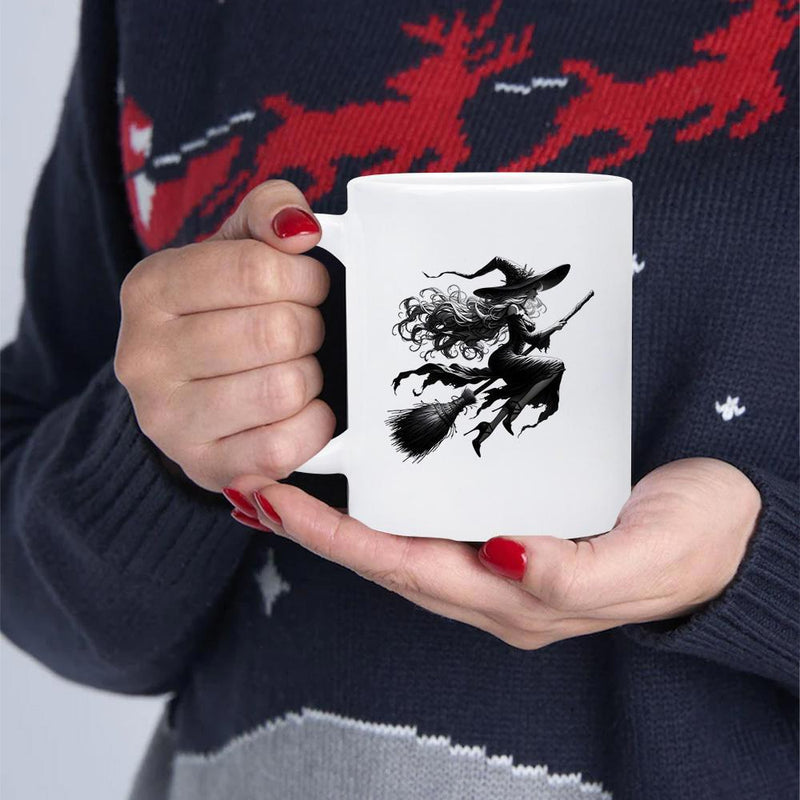 Tailorly White Ceramic 11 oz Mug - Black Silhouette Flying On Broomstick Through Wind With Flowing Hair Witch