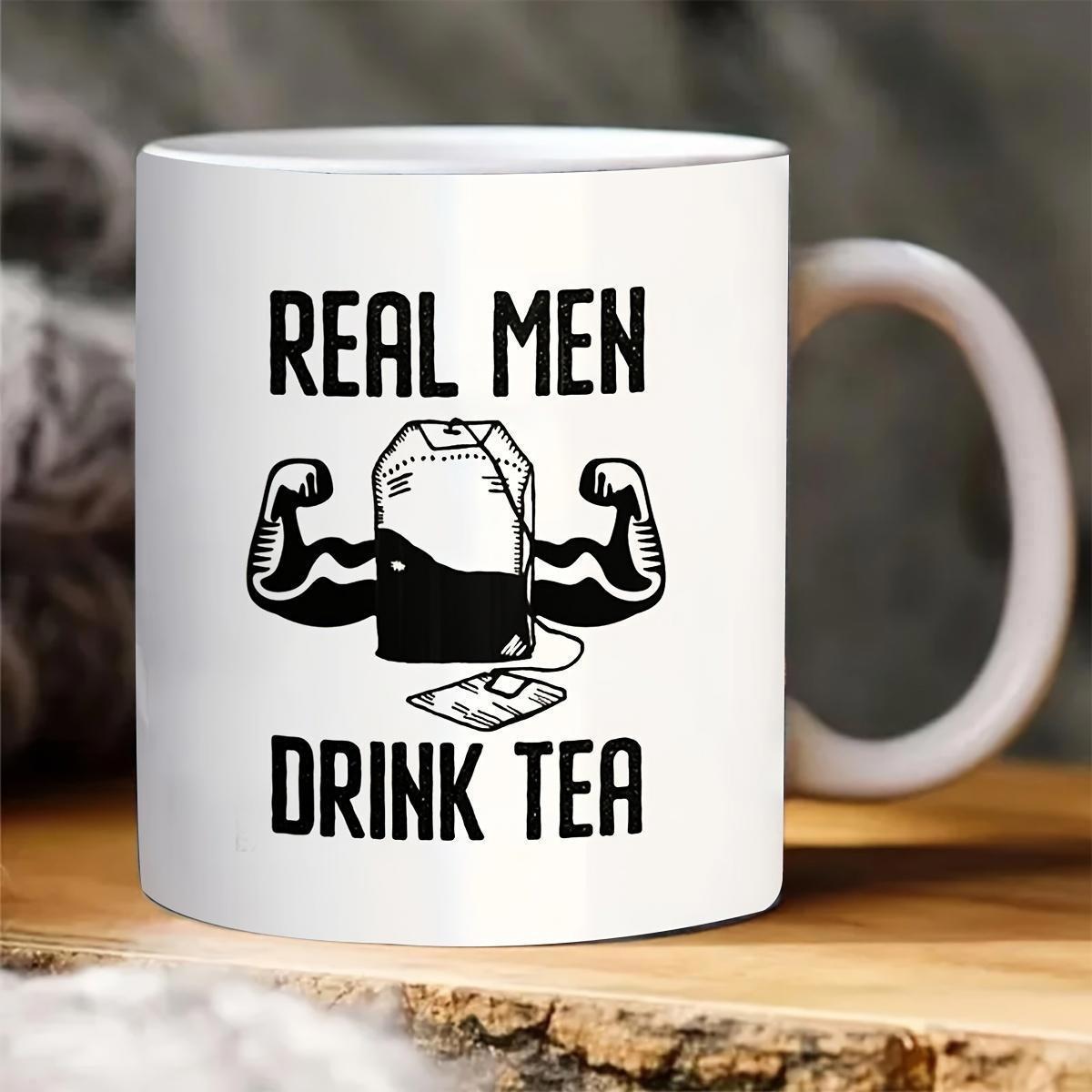 Tailorly White Ceramic 11 oz Mug - Real Men Drink Tea Strong Muscular Arm Illustration With A Floating Rectangular Steeping Tea Bag Tea Bag