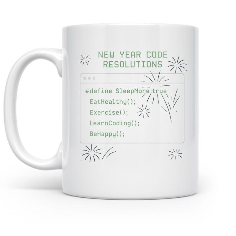 Tailorly White Ceramic 11 oz Mug - New Year Code Resolutions Programming Code Window With Festive Line Art Fireworks Bursts Resolution