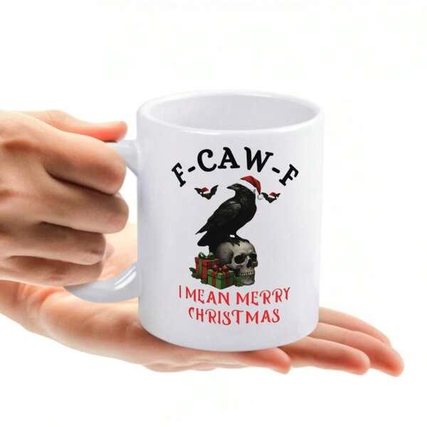 Tailorly White Ceramic 11 oz Mug - F Caw F I Mean Merry Christmas Gothic Raven Wearing Santa Hat Perched Upon A Human Skull Raven