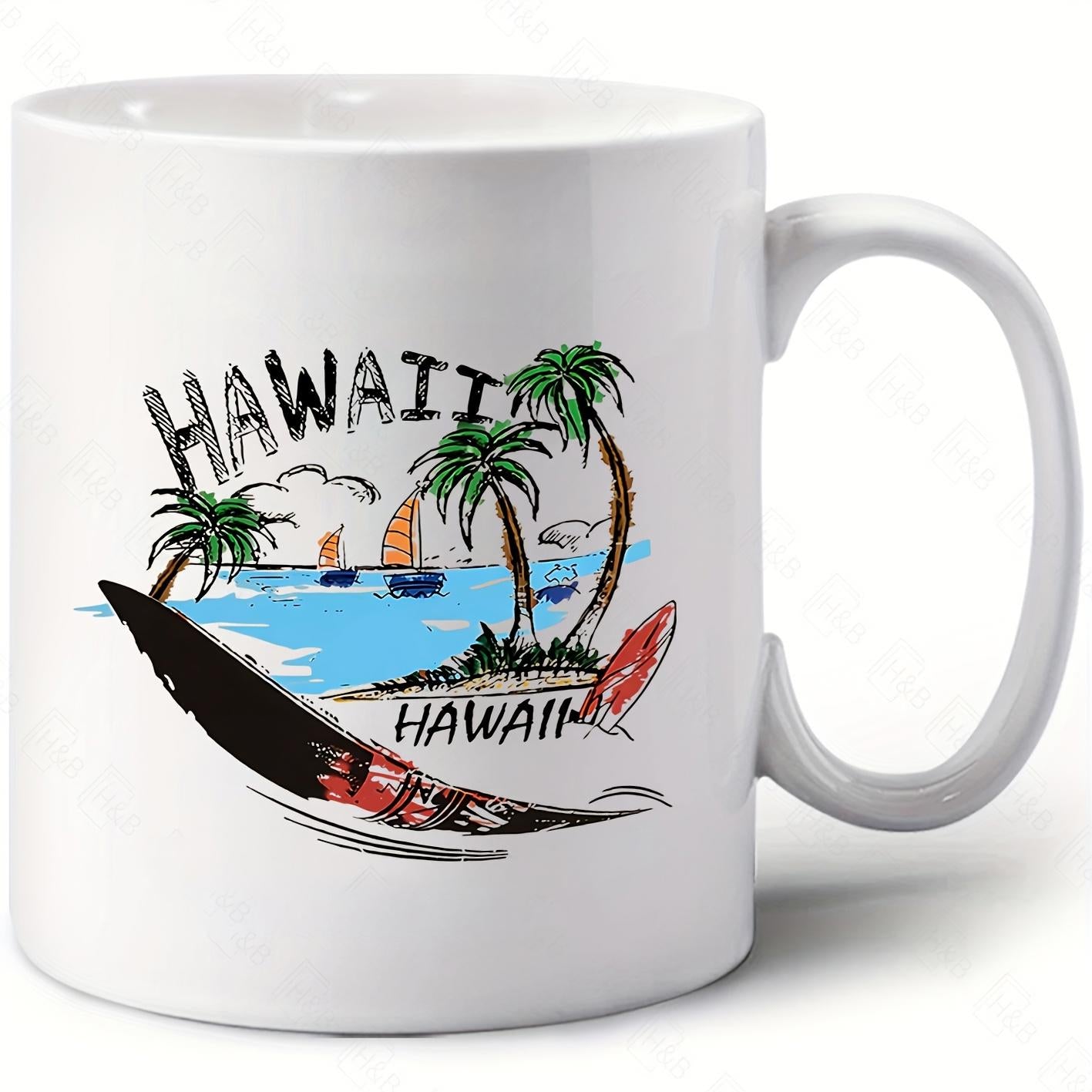 Tailorly White Ceramic 11 oz Mug - Hawaii Tropical Beach Scene With Palm Trees Surfboards And Sailboats Beach