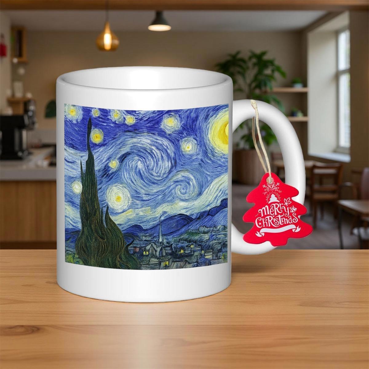 Tailorly White Ceramic 11 oz Mug - Merry Christmas Famous Swirling Blue Night Sky With Glowing Stars Over Quiet Village Painting