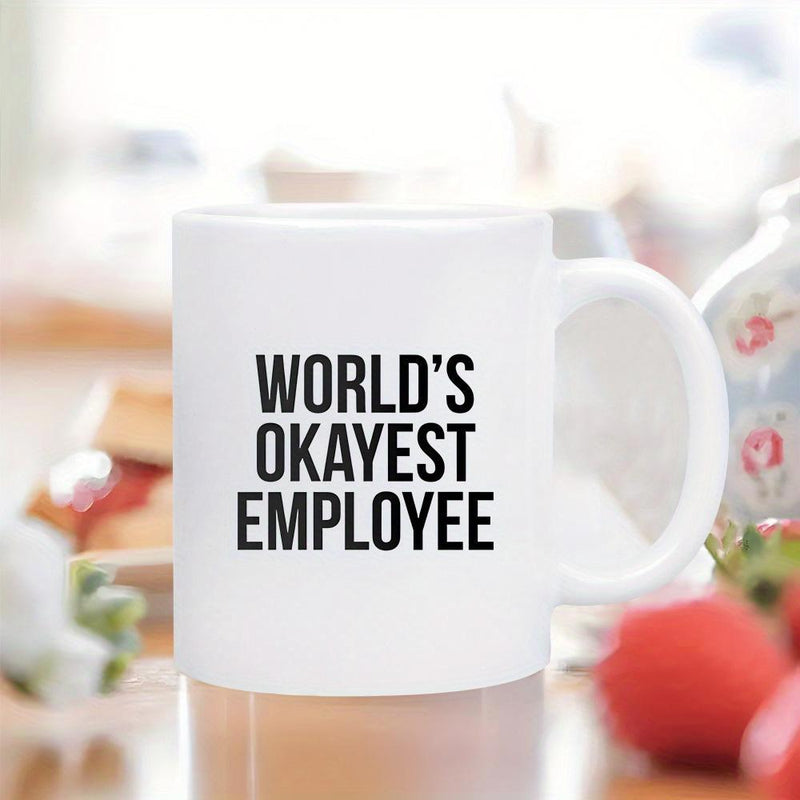 Tailorly White Ceramic 11 oz Mug - Worlds Okayest Employee Bold Black Minimalist Typography Printed Centrally Across A Smooth Ceramic Surface Mug