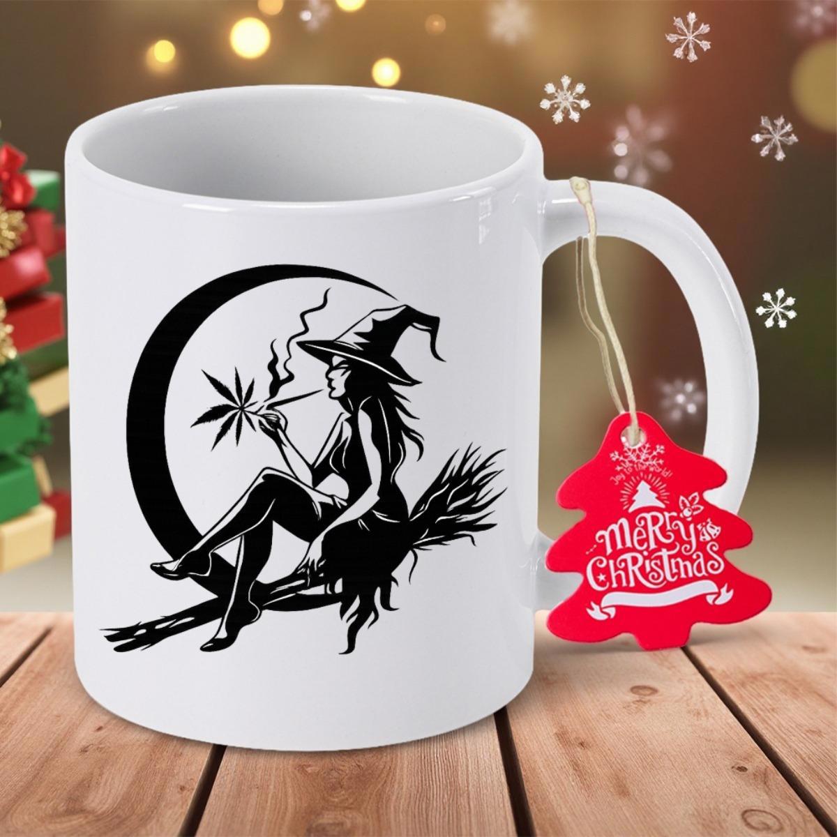 Tailorly White Ceramic 11 oz Mug - Mysterious Silhouette Sitting On Crescent Moon Smoking Pipe While Holding Broomstick Witch