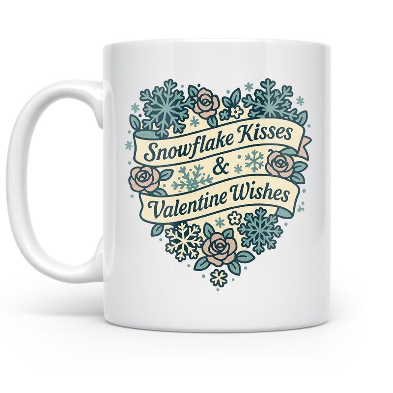 Tailorly White Ceramic 11 oz Mug - Snowflake Kisses Valentine Wishes Intricate Snowflakes And Vintage Roses Arranged In A Romantic Decorative Floral Heart
