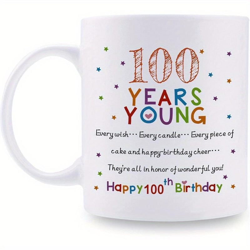 Tailorly White Ceramic 11 oz Mug - 100 Years Young Happy 100th Birthday Colorful Scattered Confetti Dots For A Festive Celebration Atmosphere Mug