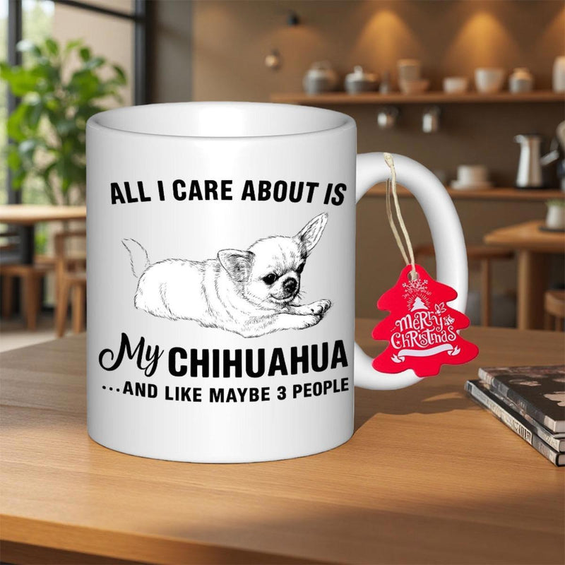 Tailorly White Ceramic 11 oz Mug - All I Care About Is My Chihuahua And Like Maybe 3 People Sketch Style Tiny Dog Lying Down Peacefully With A Red Holiday Tag