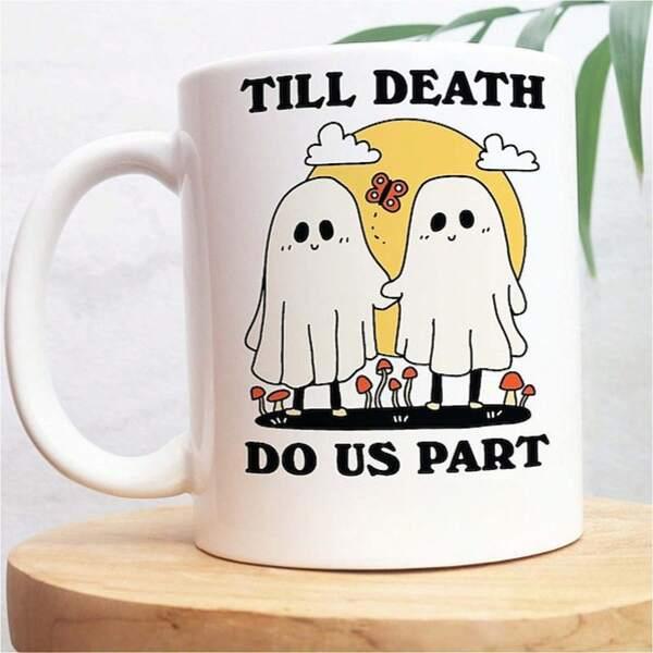 Tailorly White Ceramic 11 oz Mug - Till Death Do Us Part Two Cute Cartoon Ghosts Holding Hands Under A Radiant Yellow Sun Ghost