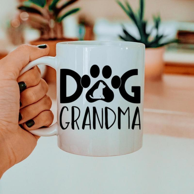 Tailorly White Ceramic 11 oz Mug - Dog Grandma Minimalist Black Paw Print Silhouette Featuring Small Pet Figures Inside Paw