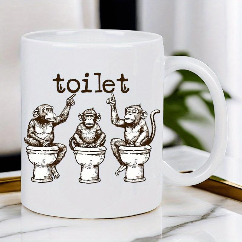 Tailorly White Ceramic 11 oz Mug - Toilet Three Whimsical Sketch Style Monkeys Sitting Atop Classic White Toilets Monkey