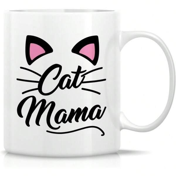 Tailorly White Ceramic 11 oz Mug - Cat Mama Cute Minimalist Style Black Whiskers With Pink Inner Ears Cat