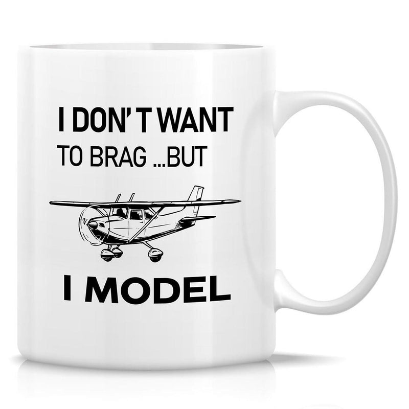Tailorly White Ceramic 11 oz Mug - I Don't Want To Brag But I Model Minimalist Sketch Of A Classic Propeller Driven General Aviation Light Airplane