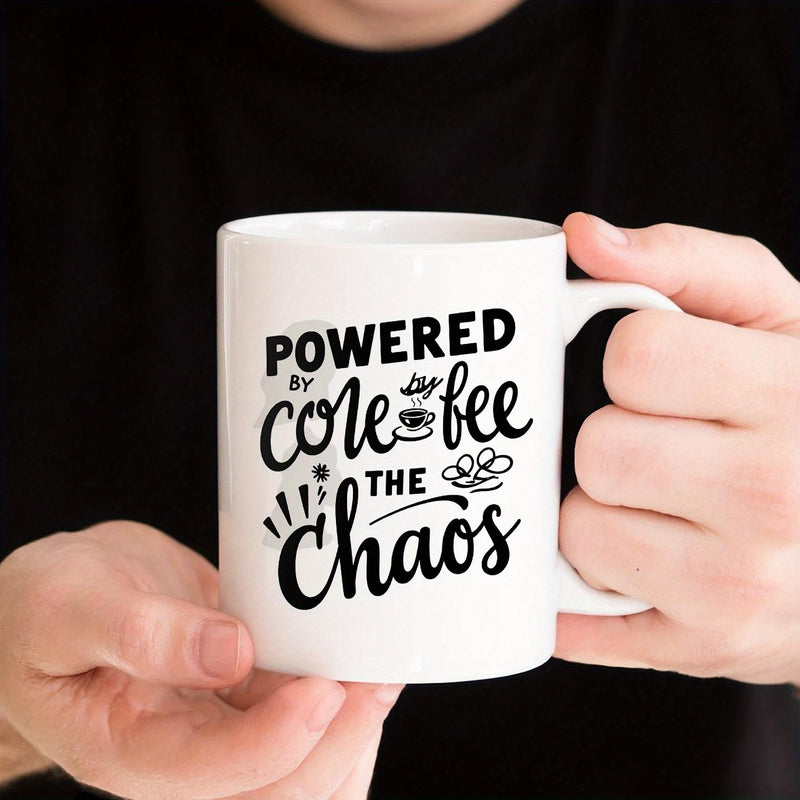 Tailorly White Ceramic 11 oz Mug - Powered By Coffee And Chaos Minimalist White Ceramic Vessel With Bold Hand Lettered Artistic Black Typography Mug