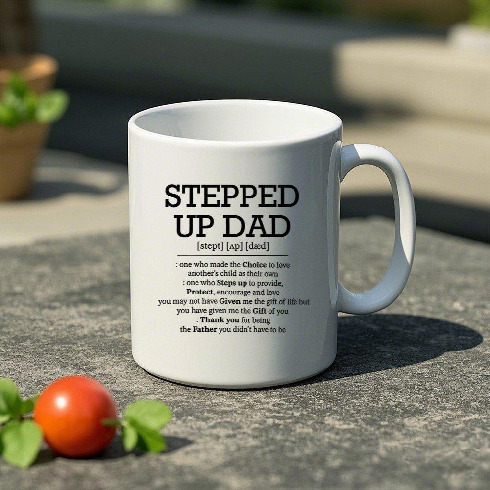 Tailorly White Ceramic 11 oz Mug - Stepped Up Dad Minimalist White Ceramic Vessel With Meaningful Typographic Printed Sentimental Mug