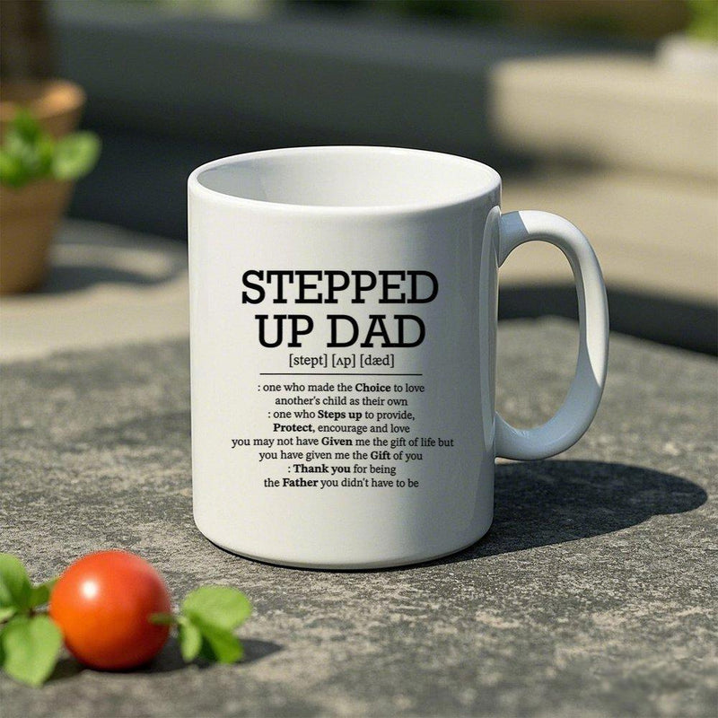 Tailorly White Ceramic 11 oz Mug - Stepped Up Dad Minimalist White Ceramic Vessel With Meaningful Typographic Printed Sentimental Mug