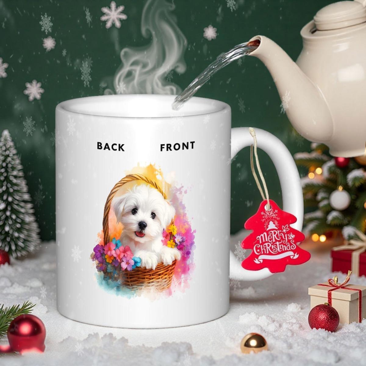 Tailorly White Ceramic 11 oz Mug - Back Front Merry Christmas Small White Fluffy Puppy Sitting Among Vibrant Colorful Flowers In Basket Dog