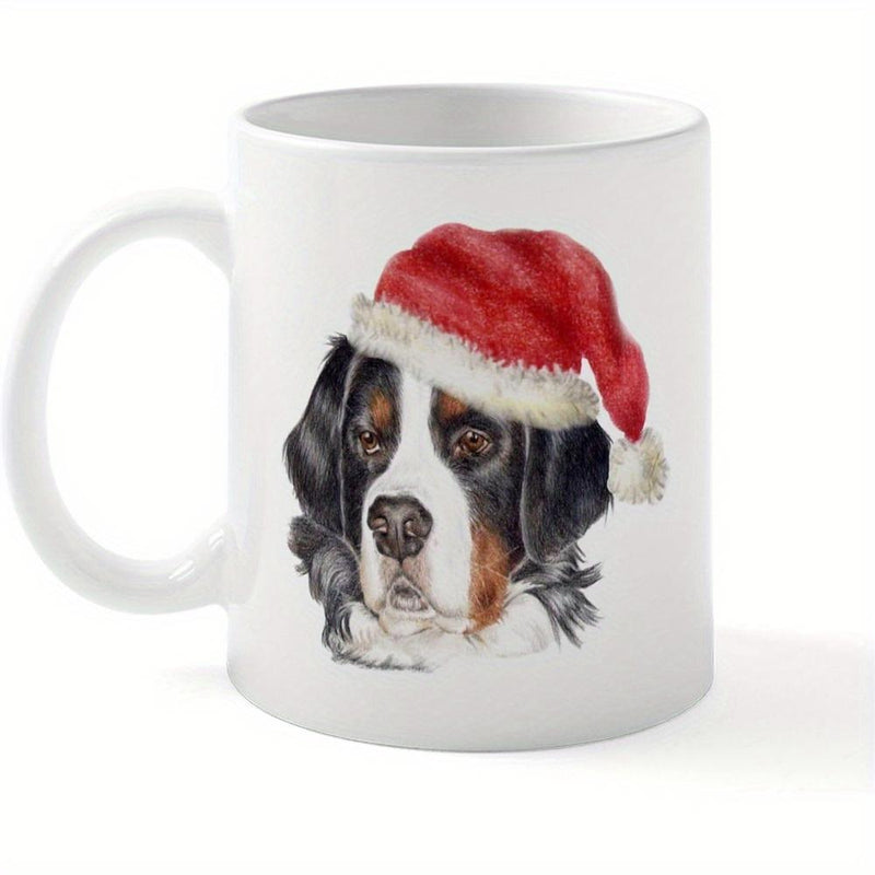 Tailorly White Ceramic 11 oz Mug - Hand Painted Bernese Mountain Dog Wearing A Red Festive Santa Hat Dog