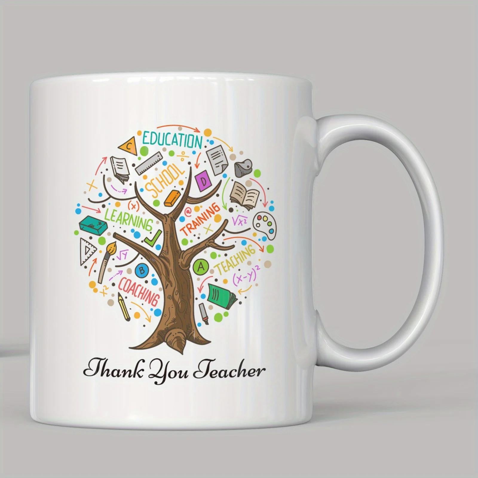 Tailorly White Ceramic 11 oz Mug - Thank You Teacher Vibrant Educational Icons Blooming From Branches Of A Whimsical Brown Knowledge Tree