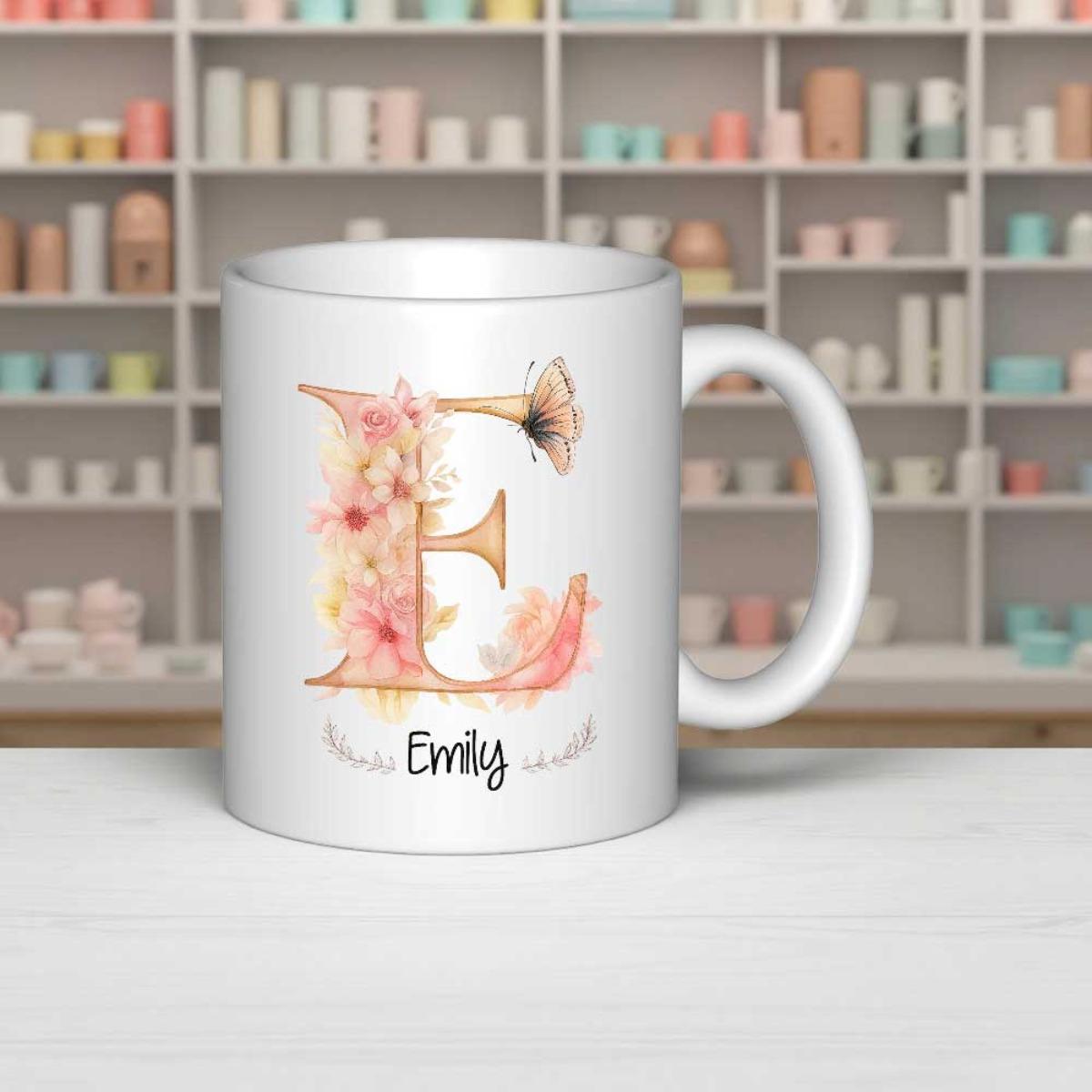 Tailorly White Ceramic 11 oz Mug - Emily Blooming Floral Petals With Elegant Butterfly And Soft Watercolor Artistic Letter