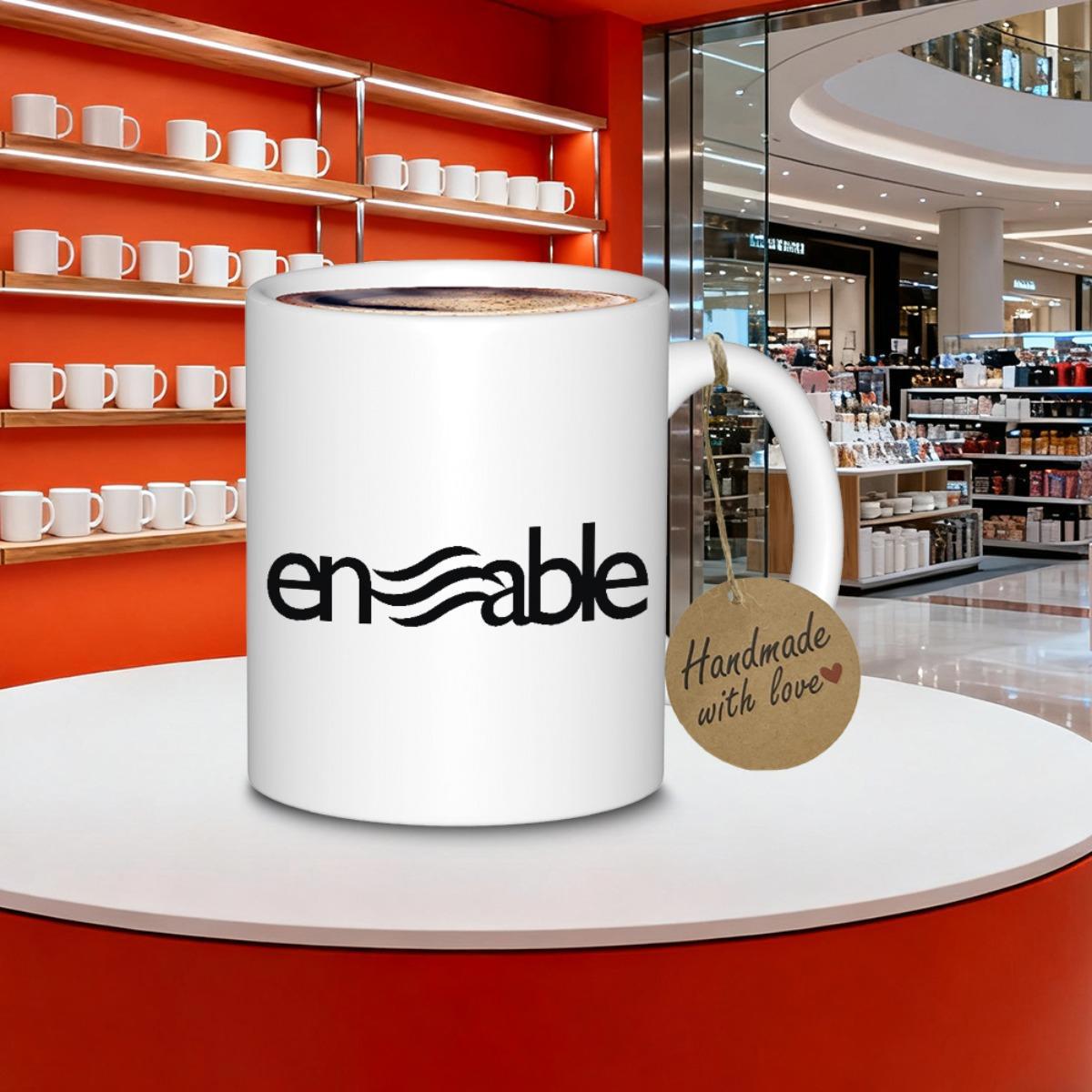 Tailorly White Ceramic 11 oz Mug - Enable Minimalist Black Typography With Wavy Flowing Lines On A Glossy Ceramic Mug