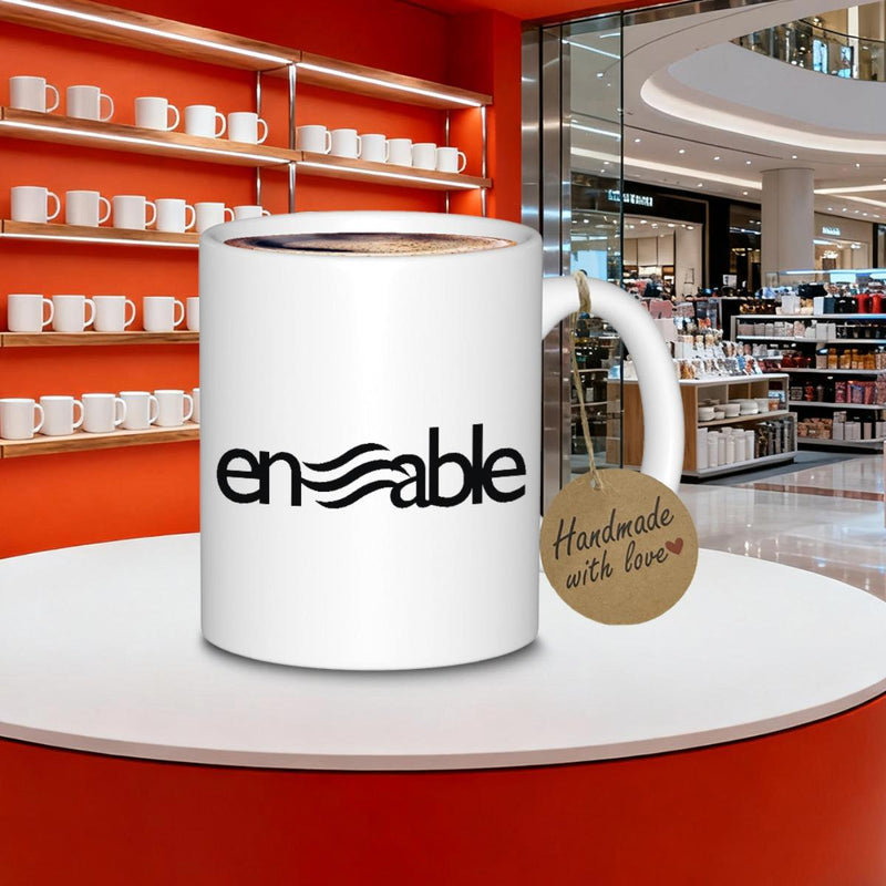 Tailorly White Ceramic 11 oz Mug - Enable Minimalist Black Typography With Wavy Flowing Lines On A Glossy Ceramic Mug