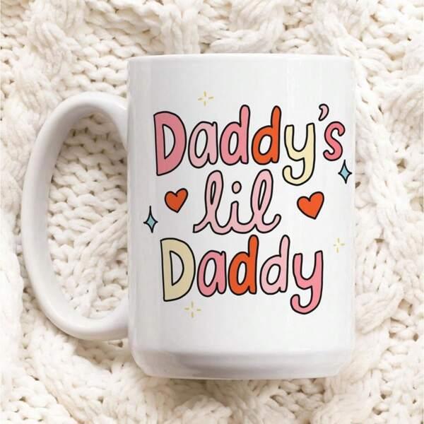 Tailorly White Ceramic 11 oz Mug - Daddys Lil Daddy Colorful Retro Typography Surrounded By Tiny Stars And Vibrant Hearts Sign