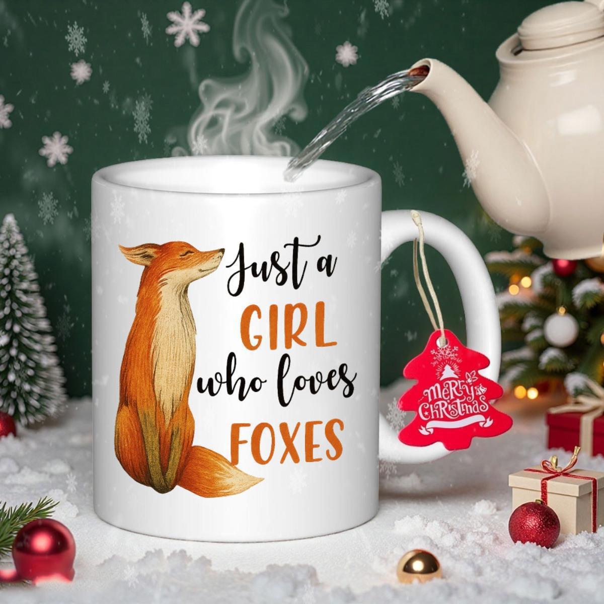 Tailorly White Ceramic 11 oz Mug - Just A Girl Who Loves Foxes Majestic Red Fox Sitting Peacefully Surrounded By Festive Winter Christmas Decorations Fox