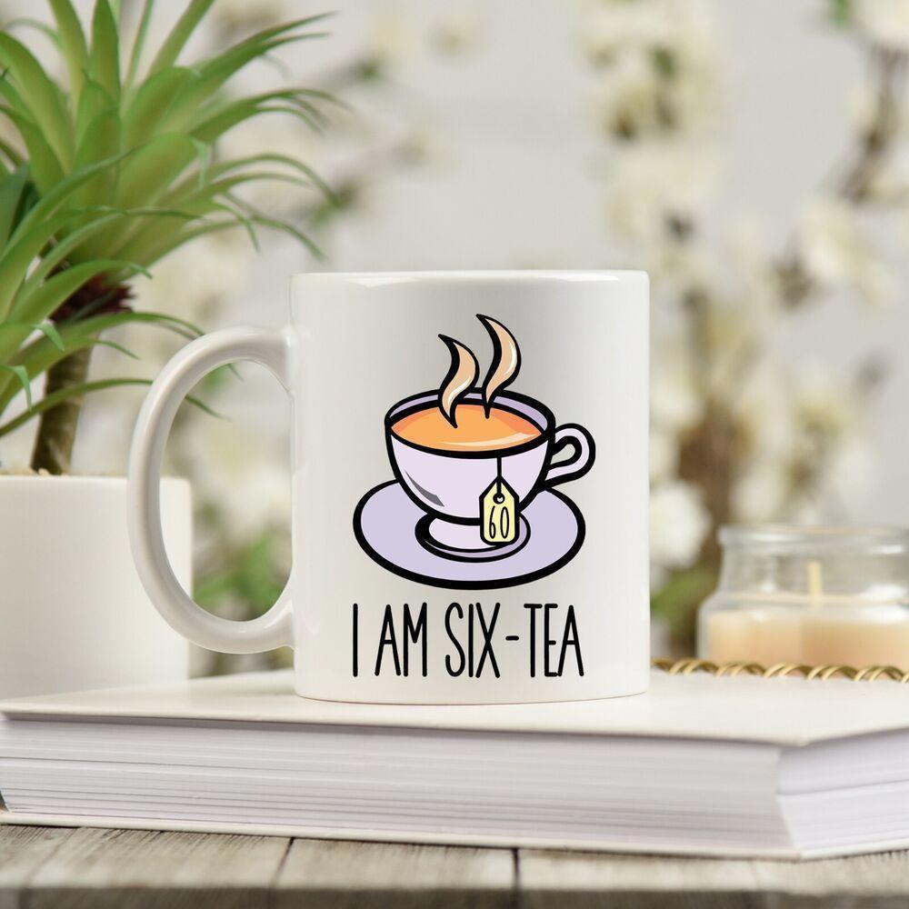 Tailorly White Ceramic 11 oz Mug - I Am Six-Tea Steaming Hot Tea Cup On Saucer With Teabag Teacup