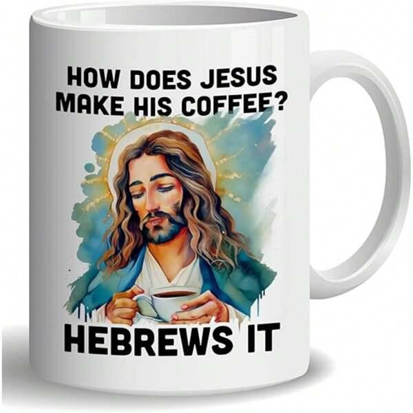 Tailorly White Ceramic 11 oz Mug - How Does Jesus Make His Coffee Hebrews It Serene Religious Figure Holding Cup Of Coffee With Watercolor Glowing Background Jesus