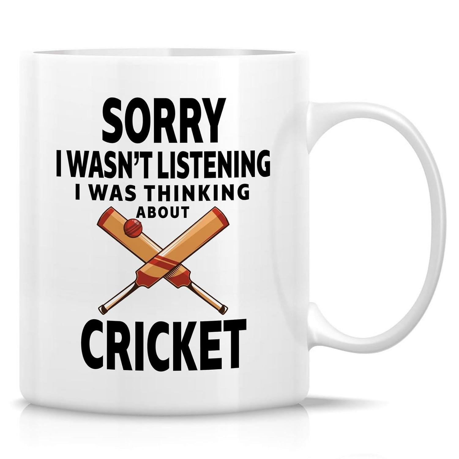 Tailorly White Ceramic 11 oz Mug - Sorry I Wasnt Listening I Was Thinking About Cricket Traditional Crossed Wooden Bat Equipment With Small Red Sport Ball Cricket
