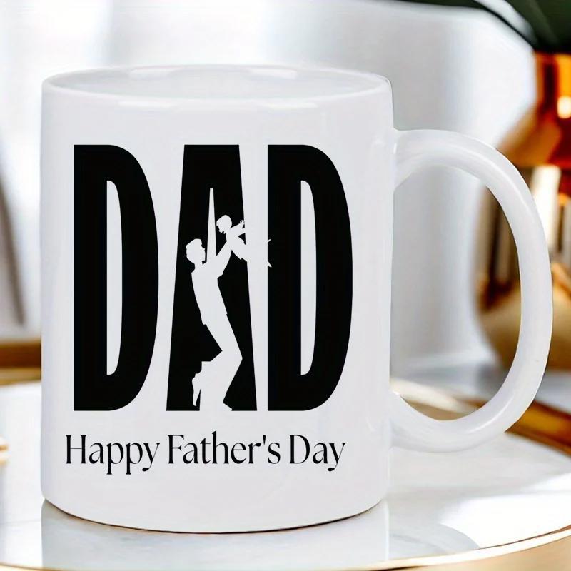 Tailorly White Ceramic 11 oz Mug - Happy Father's Day Dad Silhouette Of A Father Lifting His Child Within Bold Letters Mug