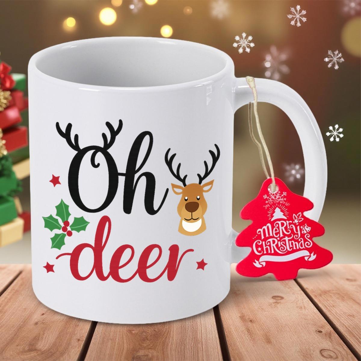 Tailorly White Ceramic 11 oz Mug - Oh Deer Merry Christmas Festive Reindeer Head Featuring Antlers Holly Leaves And Little Red Stars Deer