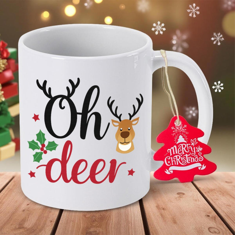 Tailorly White Ceramic 11 oz Mug - Oh Deer Merry Christmas Festive Reindeer Head Featuring Antlers Holly Leaves And Little Red Stars Deer