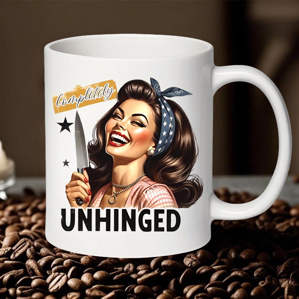 Tailorly White Ceramic 11 oz Mug - Completely Unhinged Laughing Retro Lady Wearing Polka Dot Headband Holding A Sharp Kitchen Woman