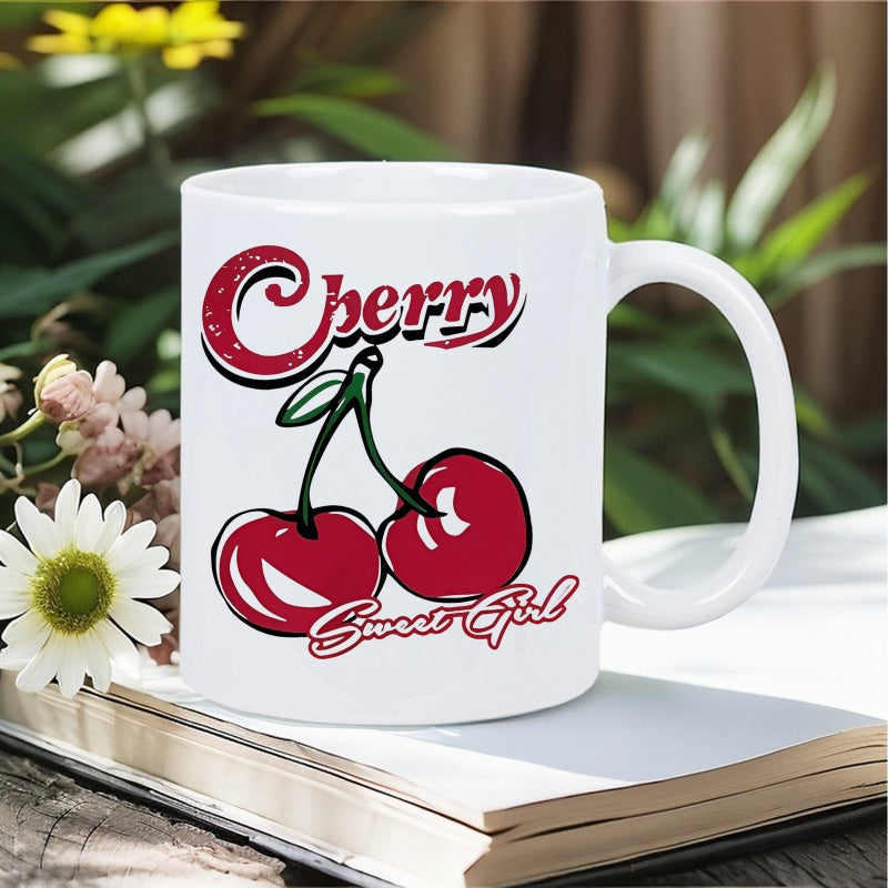 Tailorly White Ceramic 11 oz Mug - Cherry Sweet Girl Vibrant Red Fruit Hanging From Stems Among Lush Green Leaves Cherry