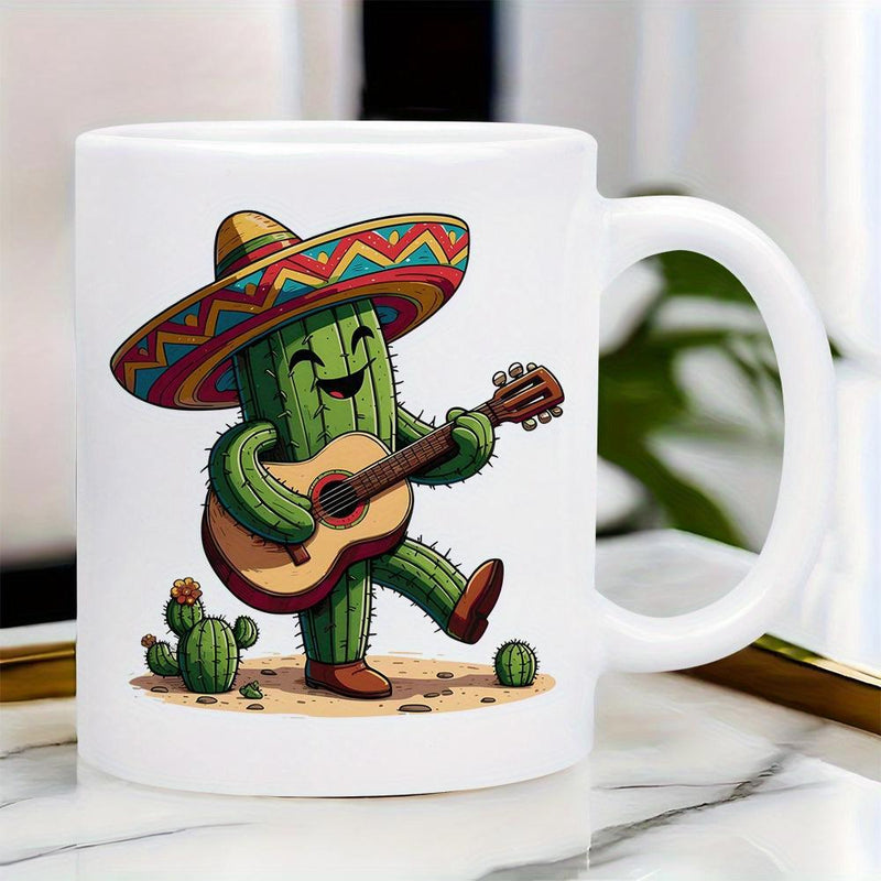 Tailorly White Ceramic 11 oz Mug - Happy Mexican Style Cartoon Wearing Sombrero Playing Acoustic Guitar Cactus