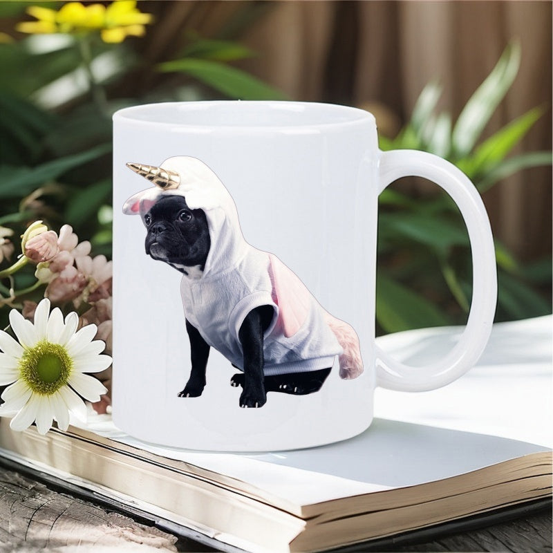 Tailorly White Ceramic 11 oz Mug - Adorable Black French Wearing White Magical Unicorn Costume Sitting Quietly Bulldog