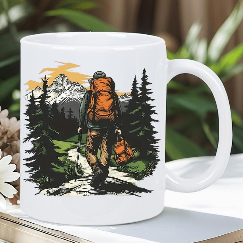 Tailorly White Ceramic 11 oz Mug - Adventurer Walking Through Deep Forest Trail Toward Snowy Majestic Mountain