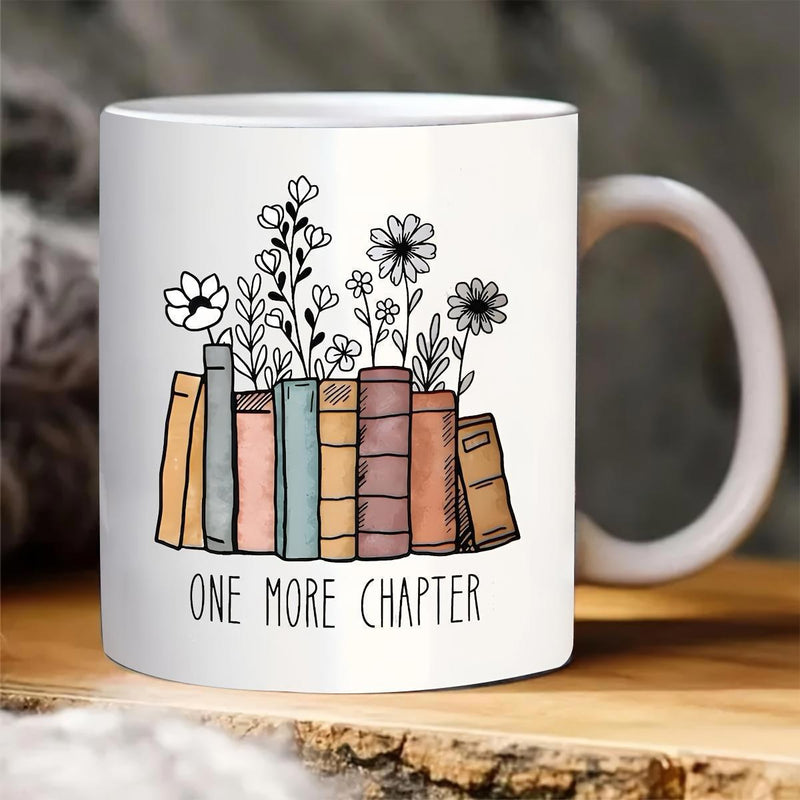 Tailorly White Ceramic 11 oz Mug - One More Chapter Colorful Stacked Novels With Elegant Wildflowers Growing From The Pages Books