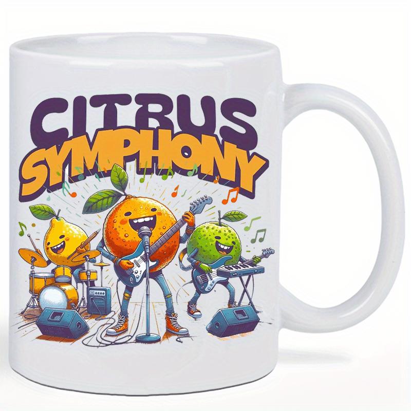 Tailorly White Ceramic 11 oz Mug - Citrus Symphony Vibrant Cartoon Fruits Playing Musical Instruments With Energetic Joyful Atmosphere Citrus Band